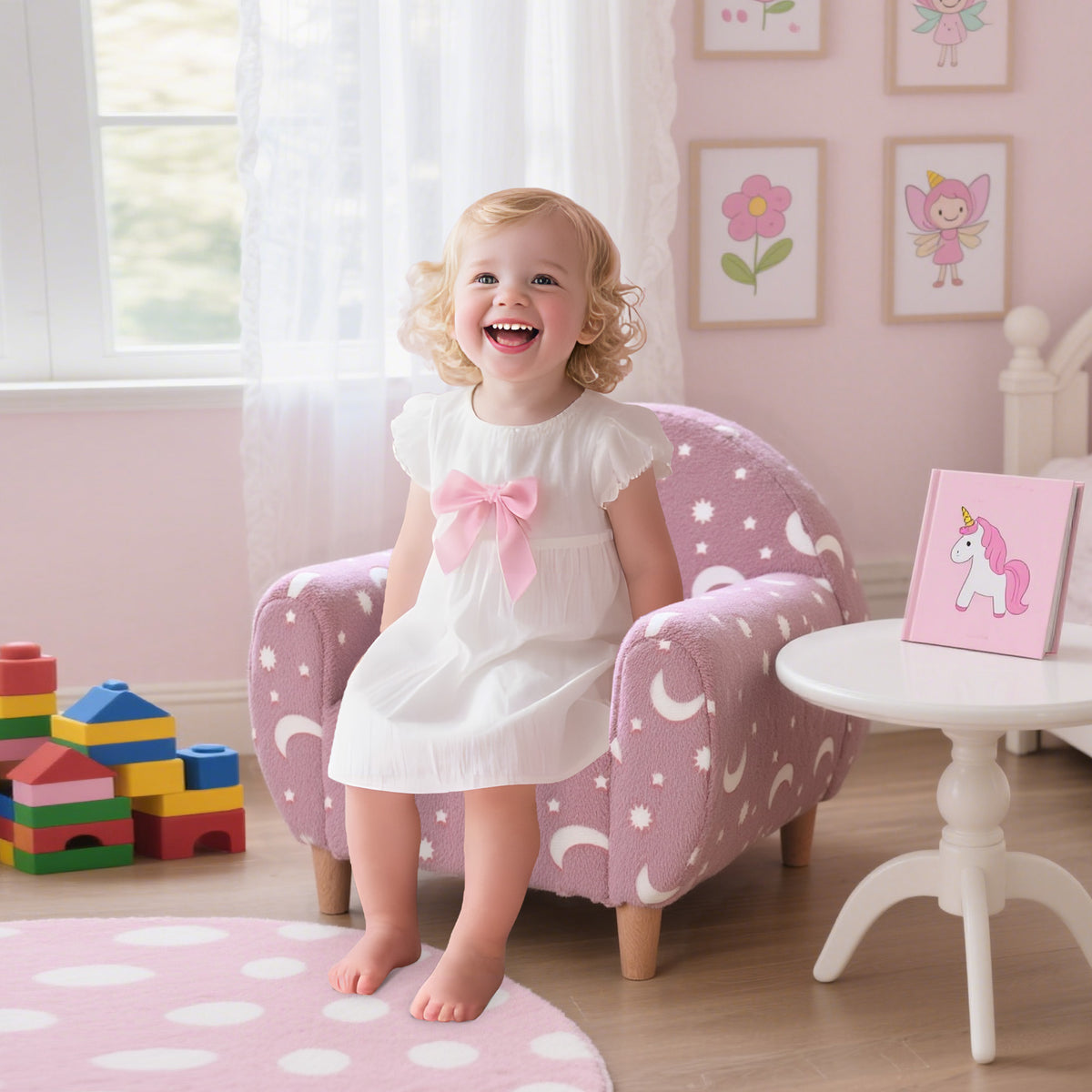 AIYAPLAY Kids Armchair, Glow in the Dark Chair with Star Design for Bedroom, Playroom, Kids Room, Pink