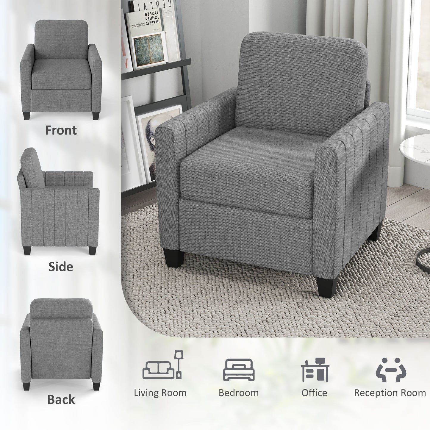 HOMCOM Modern Boxy Linen-Look Armchair - Light Grey