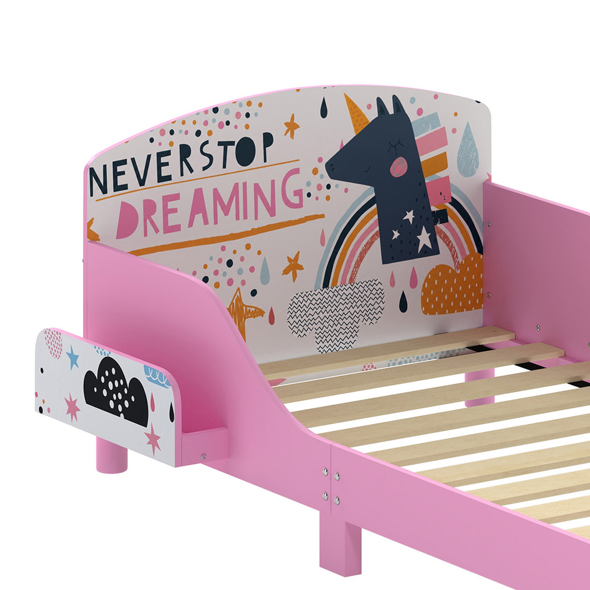 AIYAPLAY Toddler Bed with Bedside Storage and Guard Rails for 3-8, Fits 140 x 70 x 10cm Mattress, Pink Girl Print