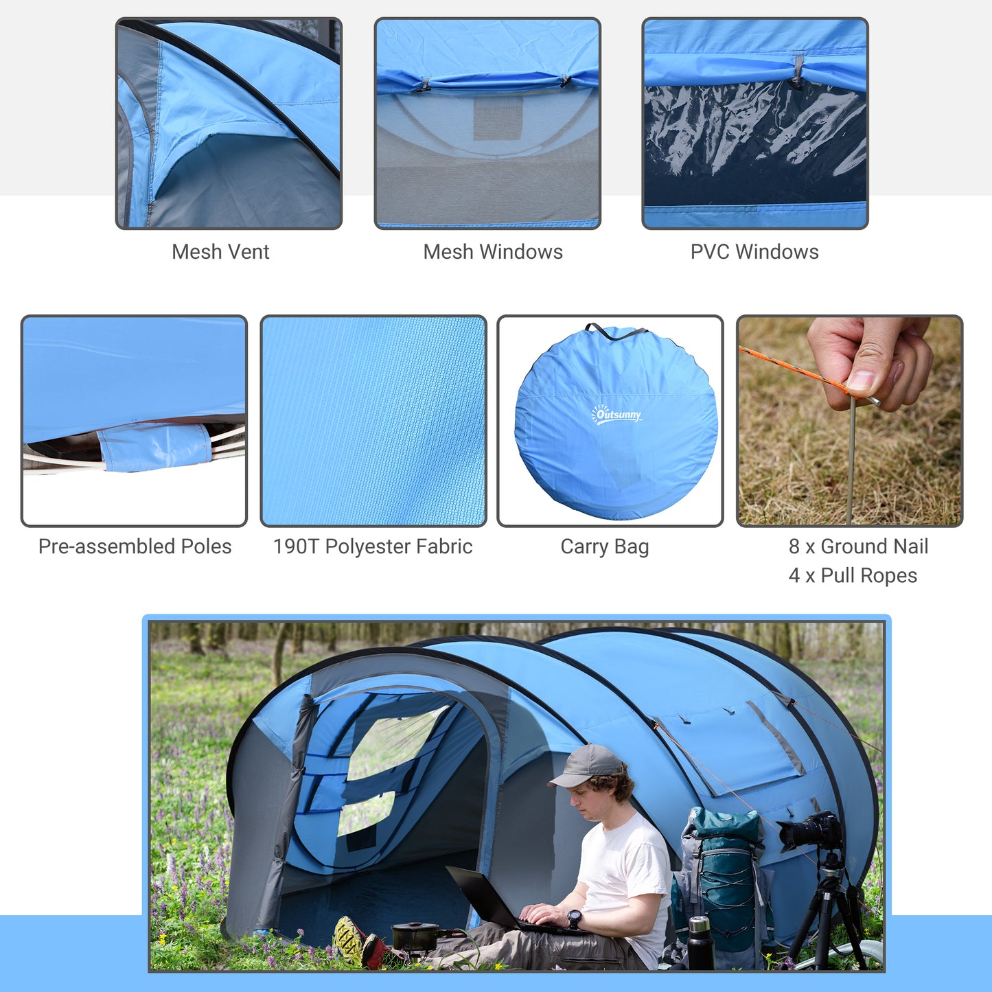 Outsunny 4 Person Pop-up Camping Tent Family Tent with Ground Sheet, 4 Windows and Portable Carry Bag for Beach Outdoor Trip, Sky Blue