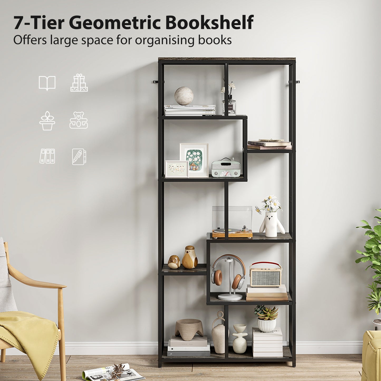 HOMCOM Seven-Tier Geometric Bookcase - Grey/Black