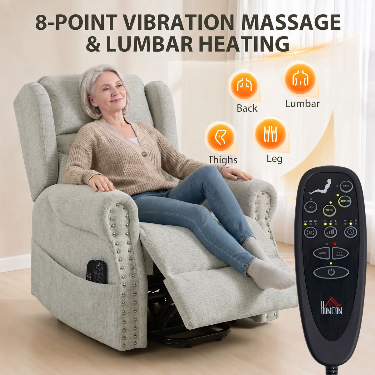 HOMCOM Riser Recliner Chair with Massage and Heat, Chenille Electric Power Lift Recliner Chair, Light Grey