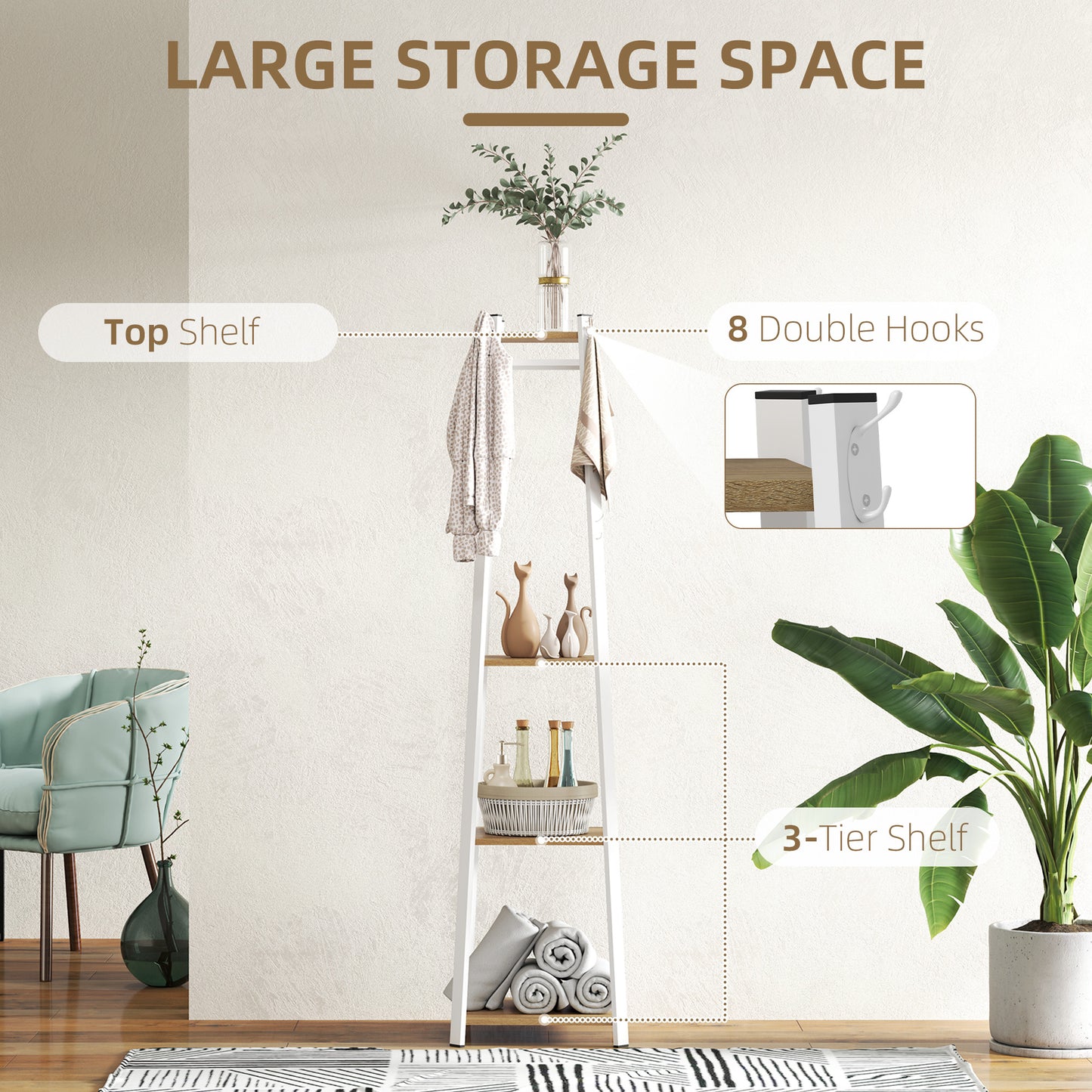 HOMCOM Compact Freestanding Coat Rack -  White/Oak