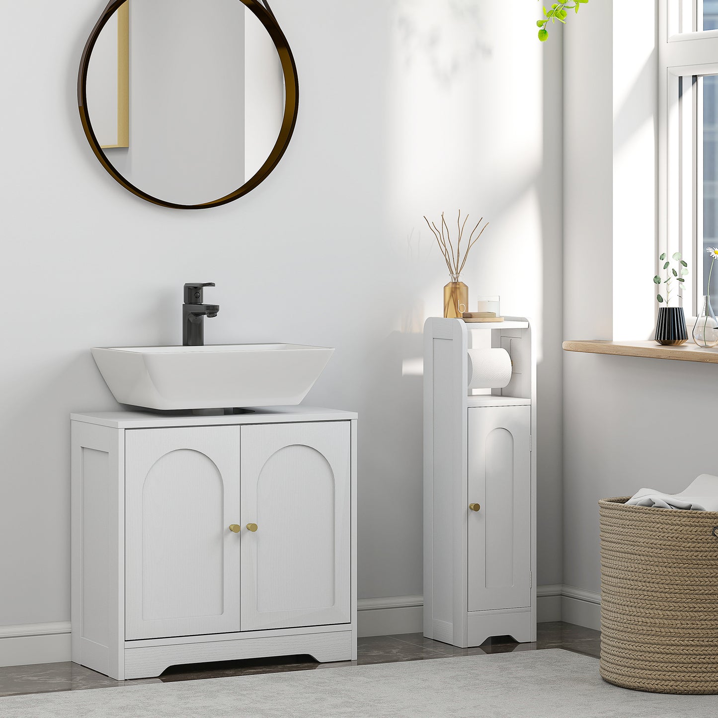 HOMCOM Under Sink Bathroom Cabinet with 2 Arch Doors - White