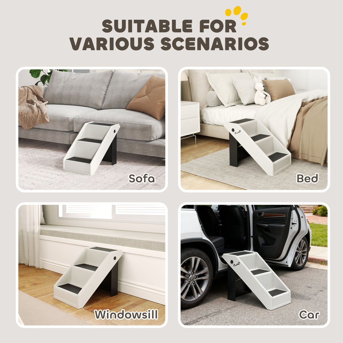 PawHut Foldable Dog Steps, Lightweight Portable Pet Stairs with 3 Non-Slip Steps for Beds or Sofas, Cream White