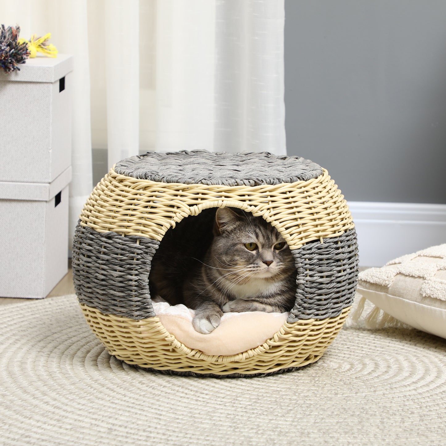 PawHut Wicker Cat House, Rattan Raised Cat Bed, Cosy Kitten Cave with Soft Washable Cushion, Î¦40 x 30cm