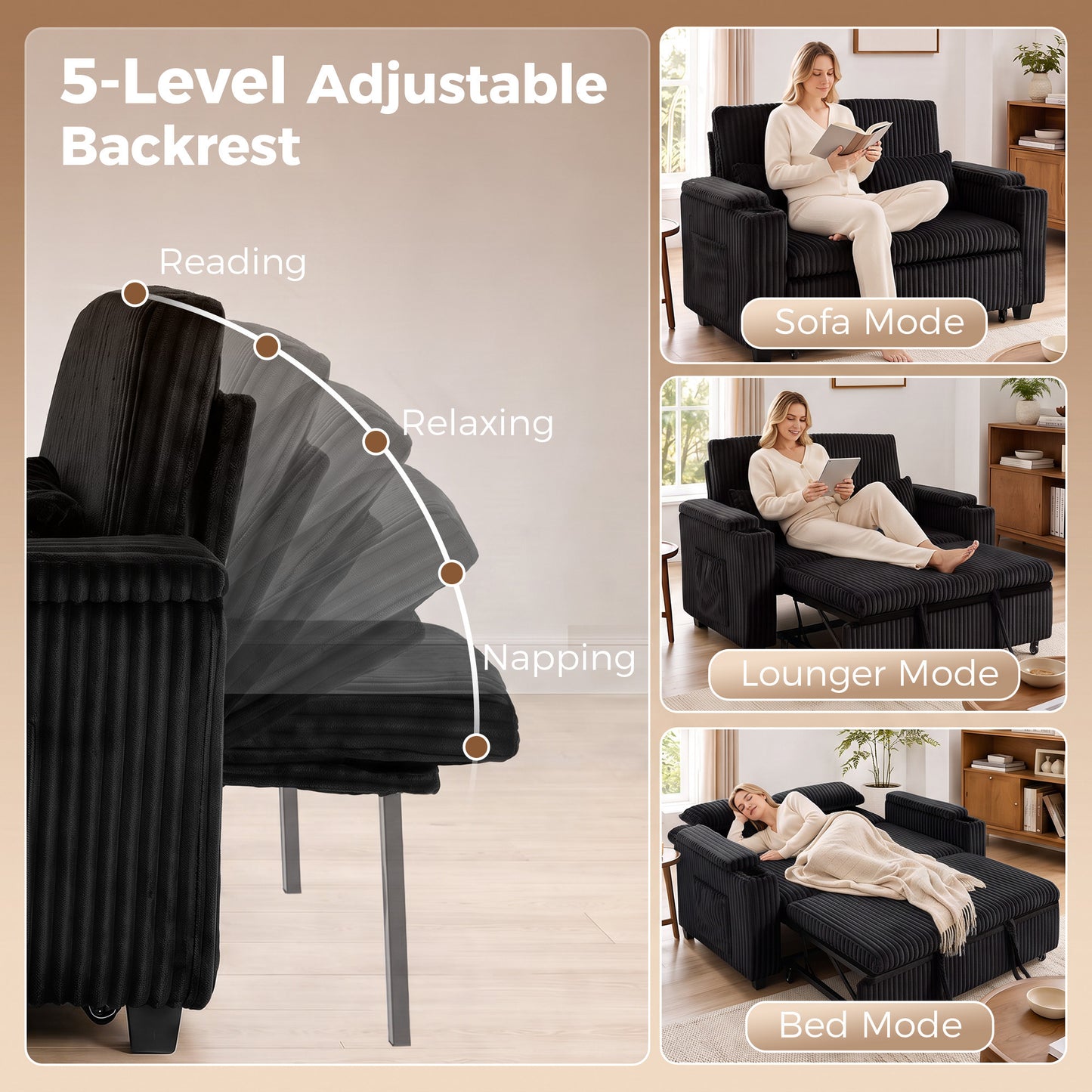 HOMCOM 2 Seater Sofa Bed, Pull Out Sleeper Sofa w/ Adjustable Backrest, Storage Armrests, Cup Holders, Side Pockets, Black