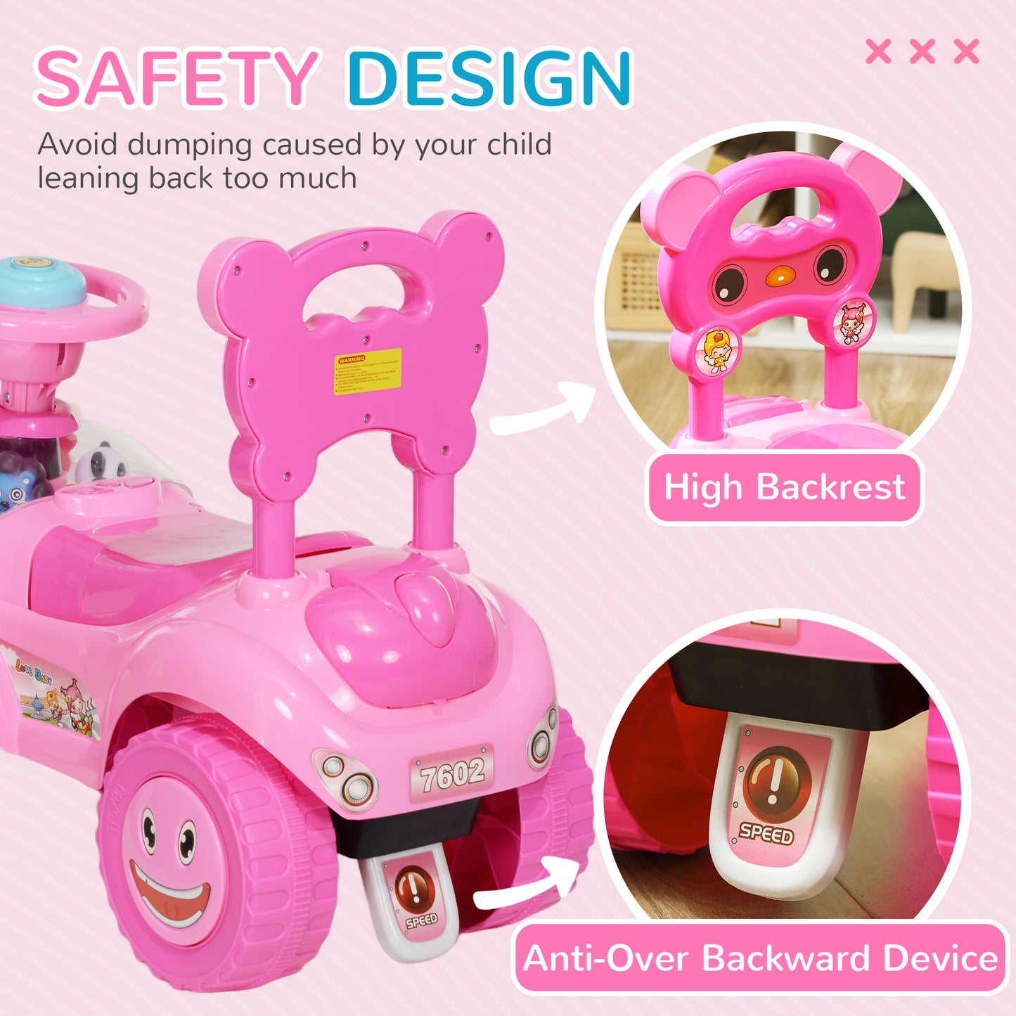 AIYAPLAY Foot to Floor toddler Ride on Toy w/ Music, Light, Horn, Under Seat Storage, Anti-Over-Backwards Device, Pink