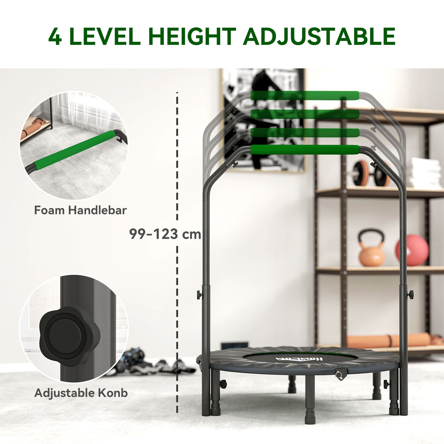 HOMCOM 40" Foldable Mini Fitness Trampoline, with Adjustable Foam Handle, Green - LiamsBargains.co.uk