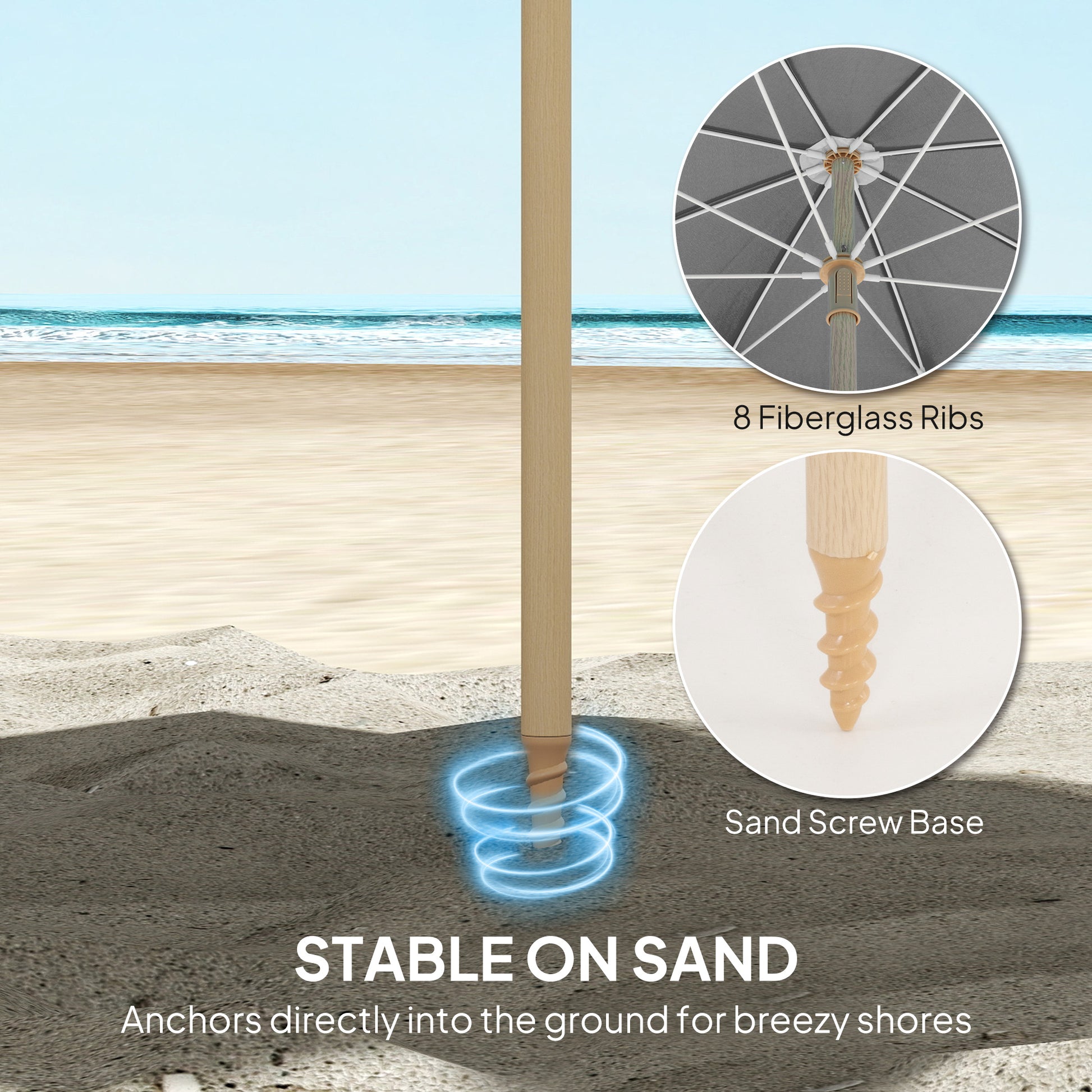 Outsunny 1.7 m Beach Umbrella with Sand Anchor, 30Â° Tilting Fringed Beach Garden Parasol with Adjustable Height, Grey