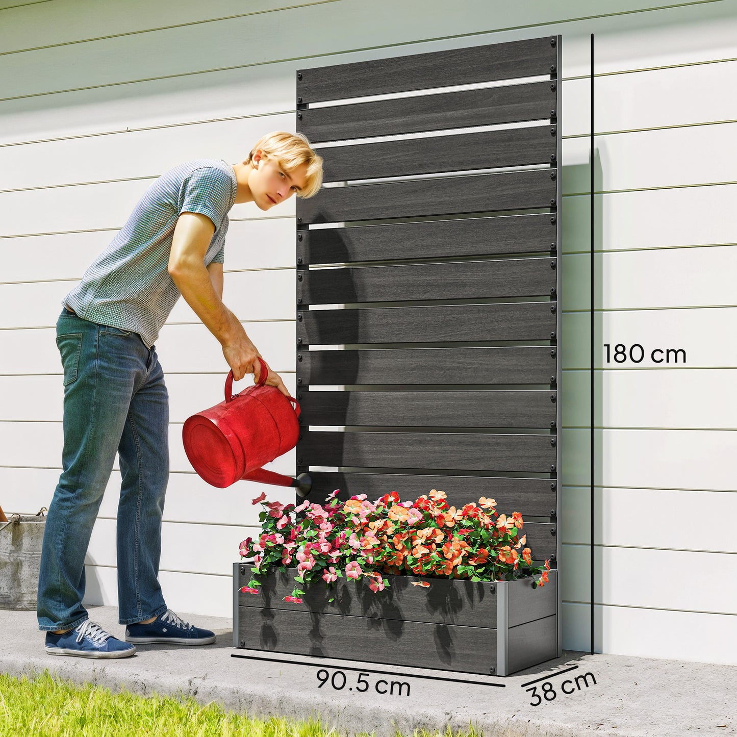 Outsunny Raised Bed for Garden, Planter with Trellis for Climbing Plants, Vines, Planter Box with Drainage Gap, Black