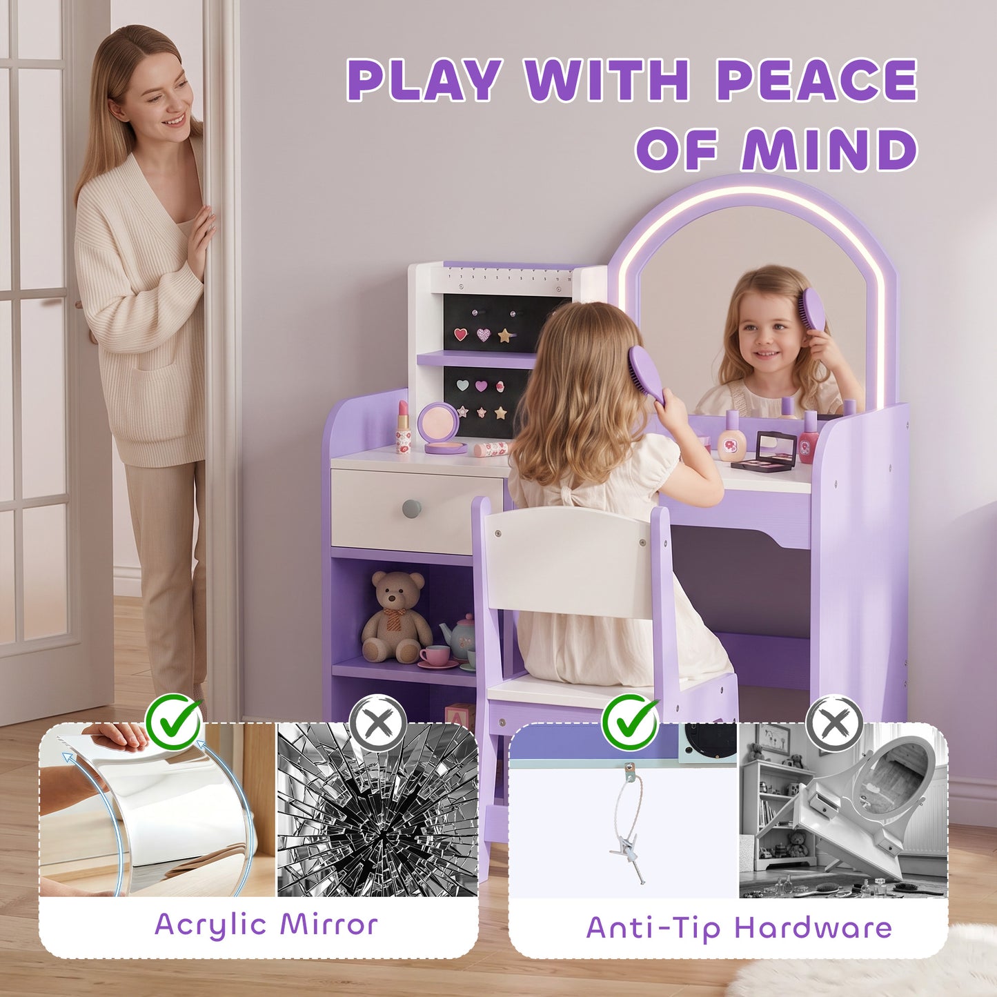 AIYAPLAY Kids Vanity Set, Girls Dressing Table with Stool, 2-Colour Lights Mirror, Pretend Dresser Gift for Ages 3-8, Purple