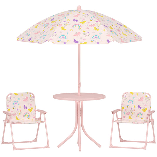 AIYAPLAY 4-Piece Kids Garden Table and Chair Set with Adjustable Parasol, Folding Chairs, Table, Rainbow Pattern, Pink