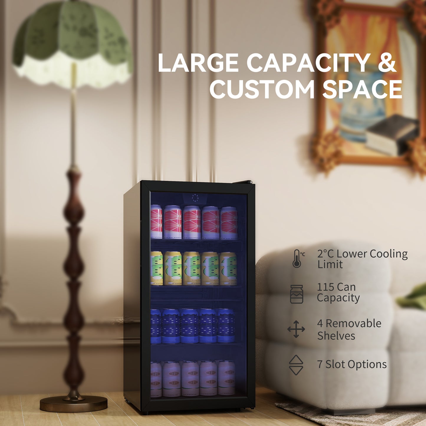 HOMCOM 93L Drinks Fridge, 115 Can Freestanding Beer Fridge with Glass Door, Adjustable Shelves, LED Light, for Beer Soda, Black