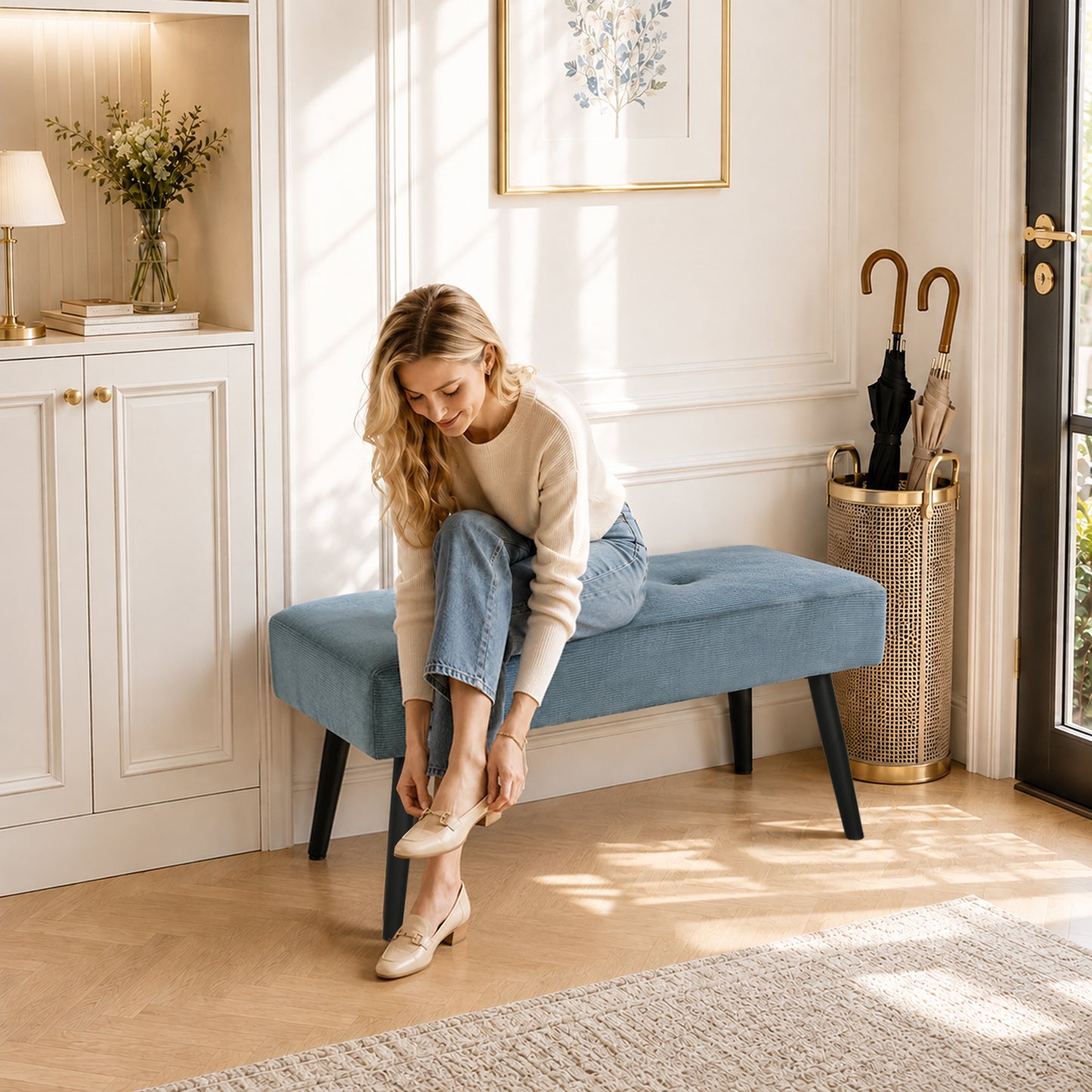 HOMCOM Upholstered Bedroom Entryway Bench, Modern Corduroy Tufted End of Bed Bench with Padded Seat and Steel Legs, Blue