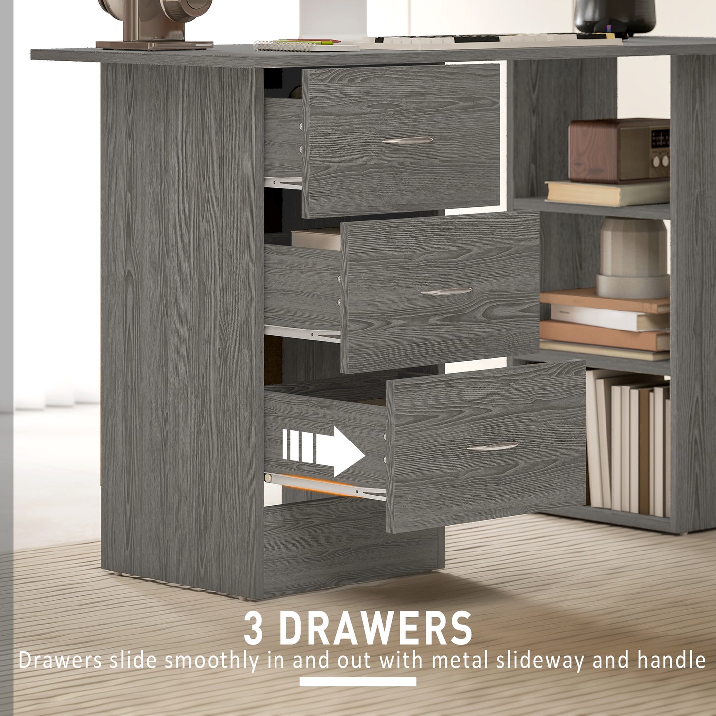 HOMCOM Computer Desk, Writing Table, PC Workstation with 3 Storage Shelves and Drawers, Silver Handle, for Home Office, Grey