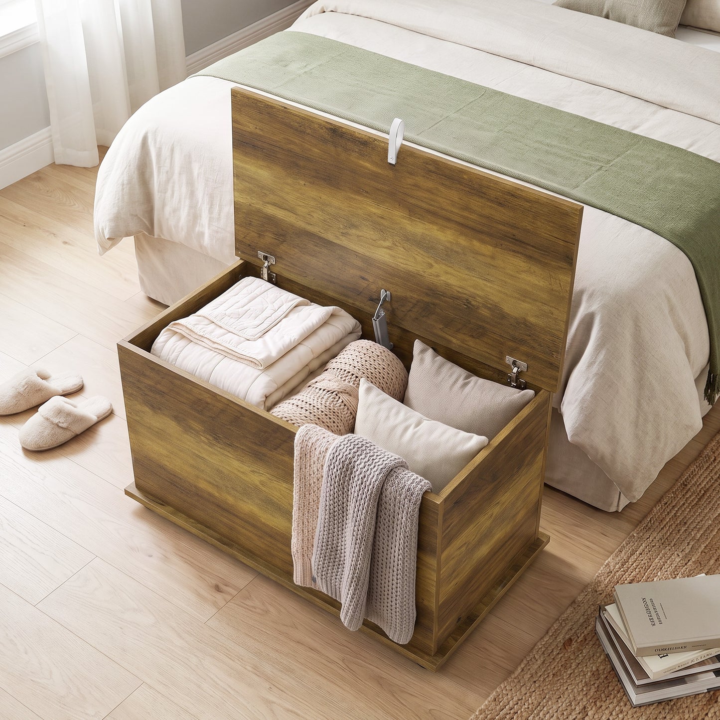 HOMCOM Storage Chest, 102L Blanket Box, Shoe Bench with Safety Hinged Lid, Bed End Bench for Bedroom, 80 x 40 x 45cm, Brown