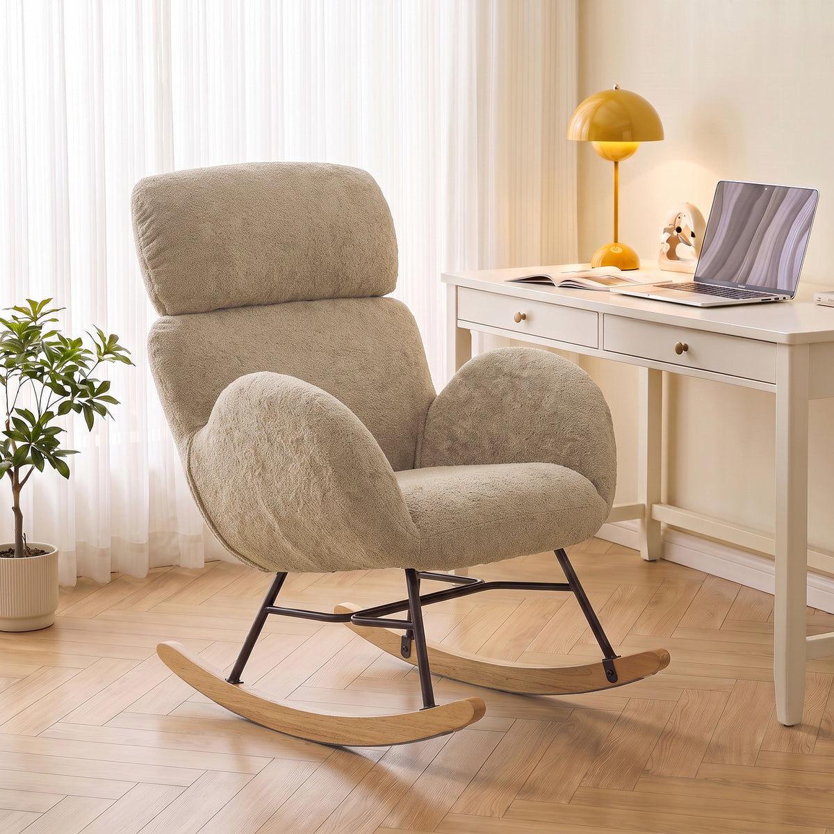 HOMCOM Upholstered Rocking Chair Adjustable Headrest Rocker Chair Raindrop Velvet Rubberwood Base Light Brown
