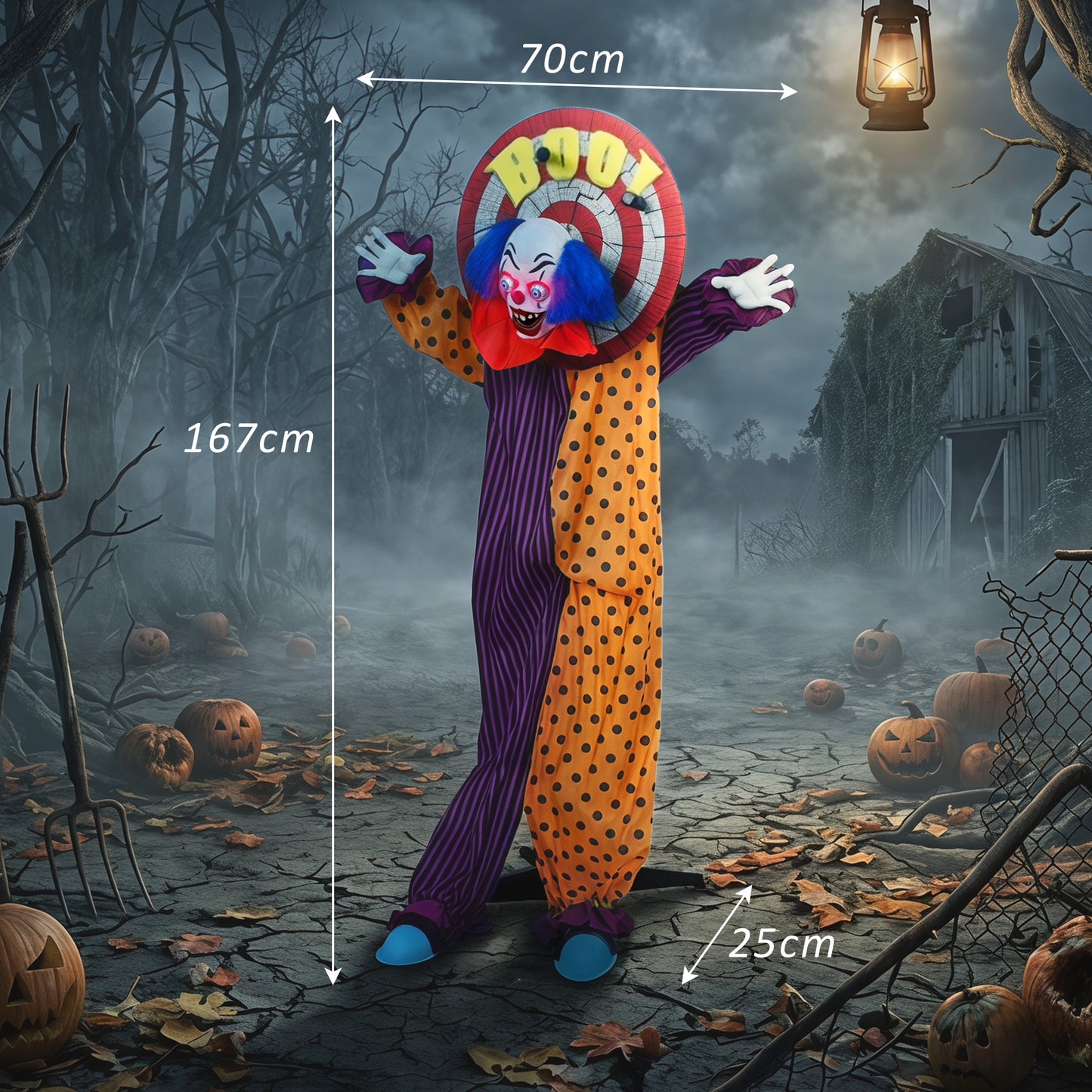 HOMCOM 167 cm Life Size Animated Clown Halloween Decoration, Scary Halloween Animatronics Decor with Sound Touch Activated
