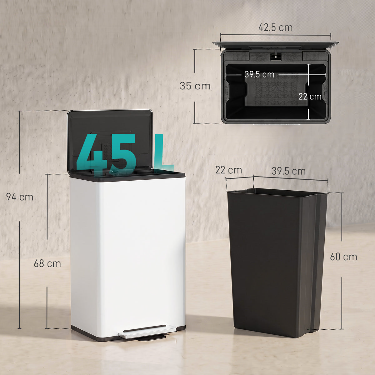 HOMCOM 45L Kitchen Bin, Pedal Bin with Soft-Close and Stay-Open Lid, Removable Inner Bucket, Odour Control for Kitchen, Office