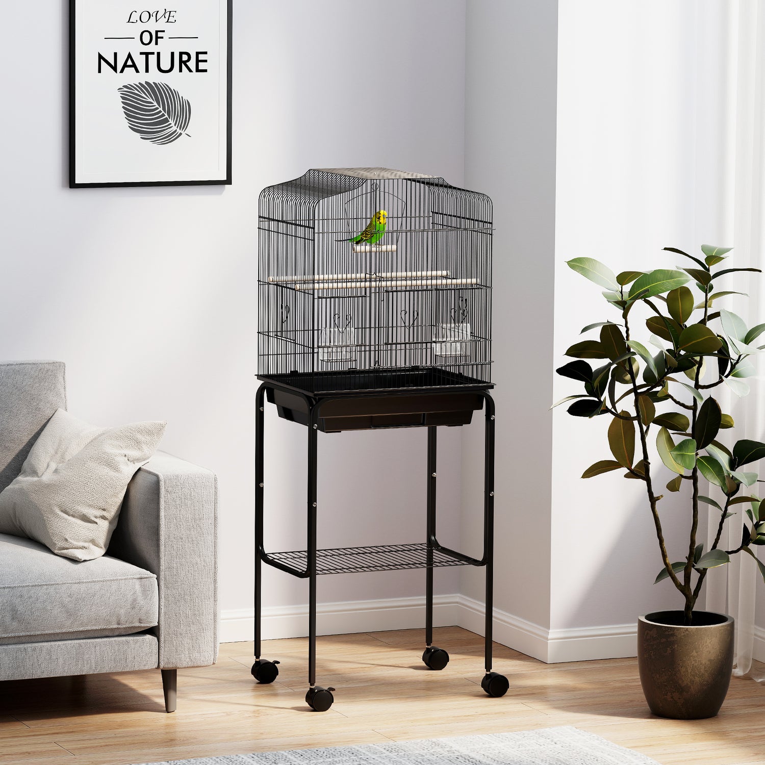 PawHut Bird Cage Budgie Cages for Finch Canary Parakeet with Stand Wheels Slide-out Tray Accessories Storage Shelf, Black - LiamsBargains.co.uk