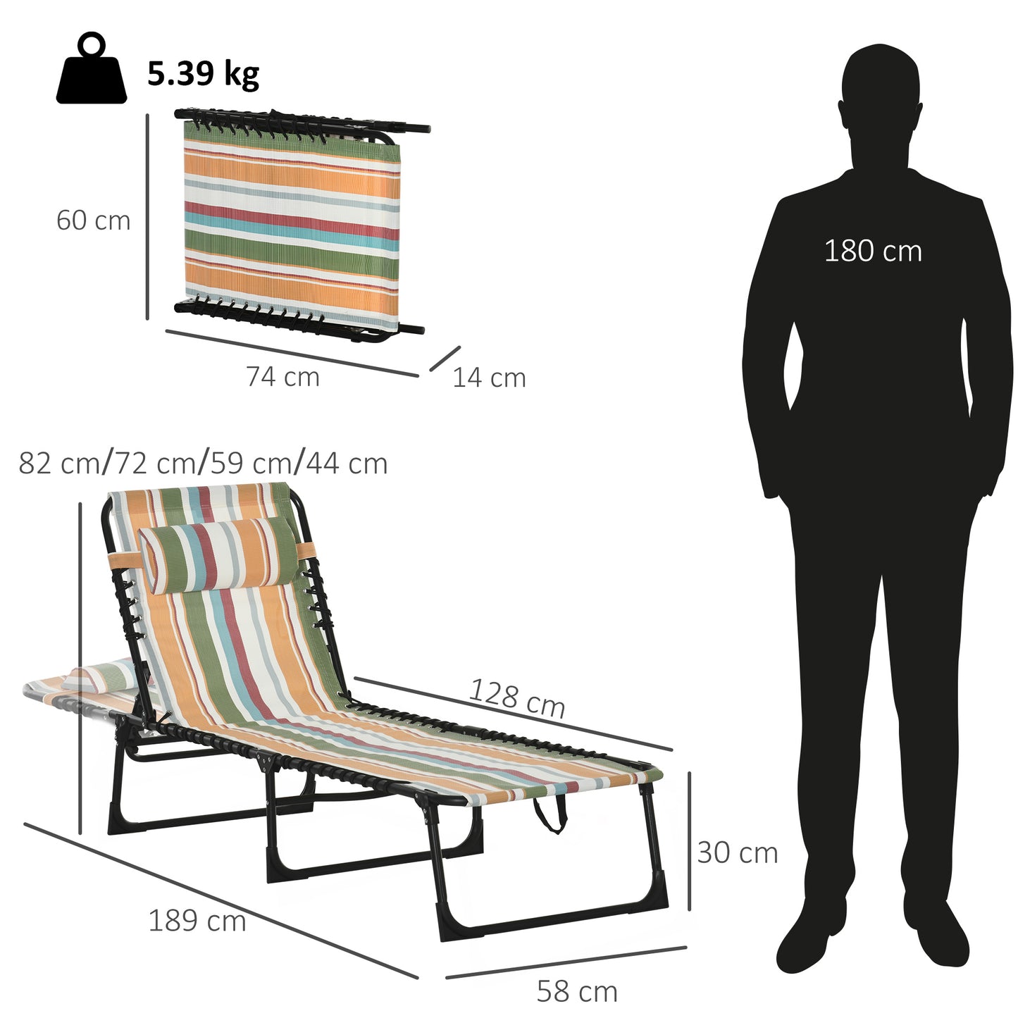Outsunny Folding Sun Lounger Beach Chaise Chair Garden Reclining Cot Camping Recliner with 4 Position Adjustable Multicolored