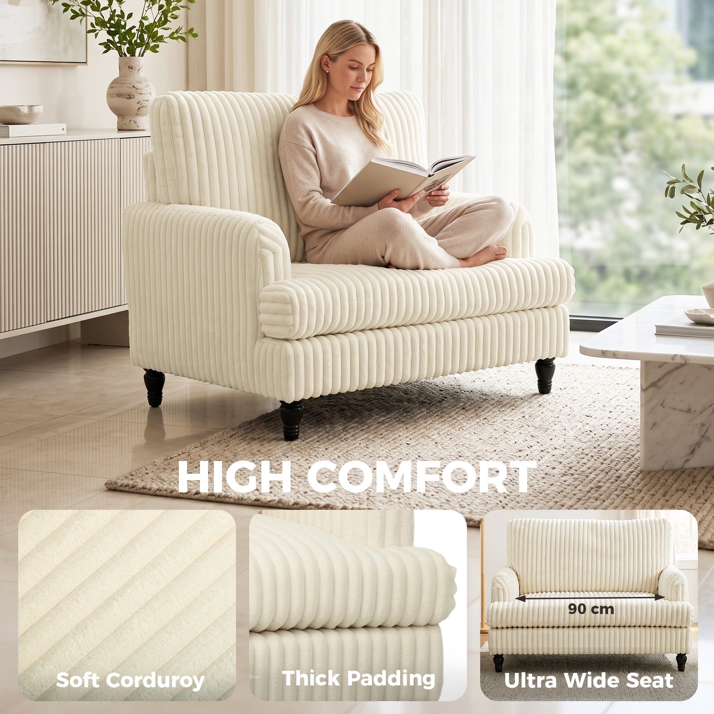 HOMCOM Corduroy Single Sofa Armchair, Modern Accent Chair with Stripes, Turned Legs and Wide Seat, Cream