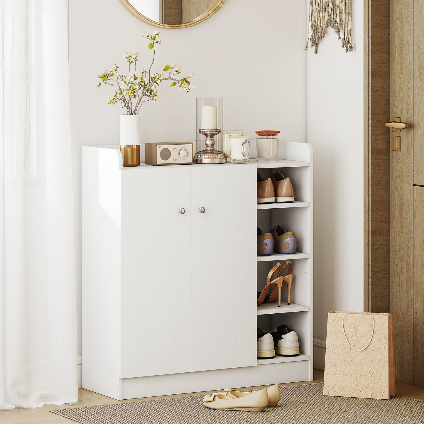HOMCOM Shoe Storage Cabinet  Two Doors w/ Adjustable 4 Shelves Cupboard Footwear Rack Stand Organiser Hallway White