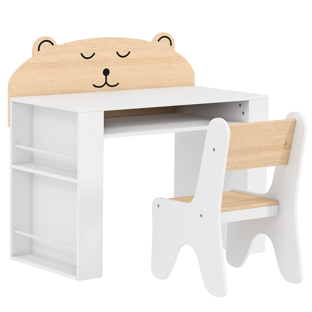 AIYAPLAY Kids Table and Chair Set with Side Bookshelves, Open Storage, Non-Slip Pads for 3-8 Y, Bedroom, Study Room, Bear-Themed Default Title