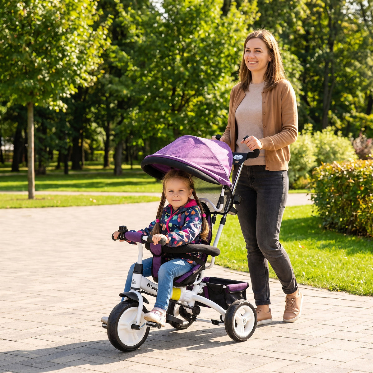 HOMCOM 6 in 1 Kids Trike Push Bike w/ Push Handle, Canopy, 5-point Seat Belt, Storage, Footrest, Brake, for 1-5 Years, Purple
