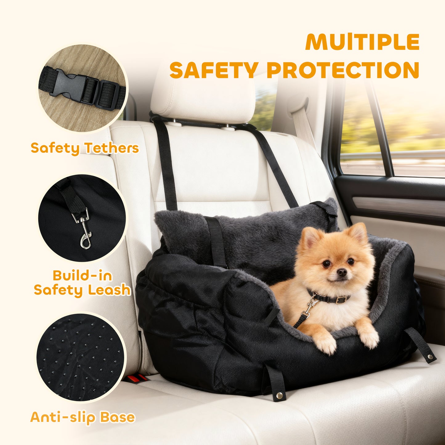 PawHut Dog Car Seat for Small Dogs with Fixed Buckle, Safety Leash, Washable Cover, 58 x 45 x 28 cm, Black