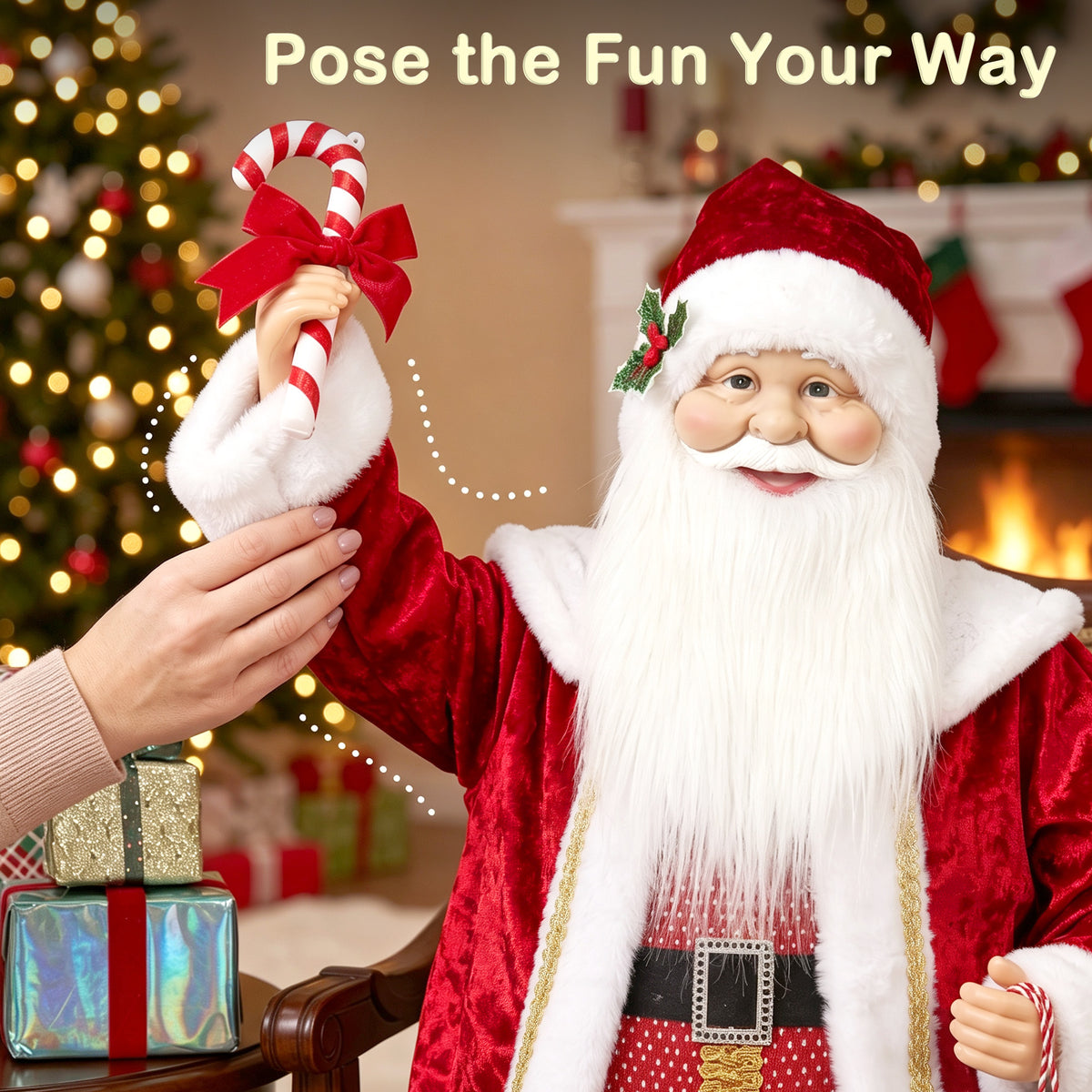 HOMCOM 120cm Life Size Singing Dancing Santa Claus, Standing Musical Animated Santa with Gift and Candy Cane, Posable Arms, Handcrafted, Sound Touch Activated, Moving Christmas Figure Decoration