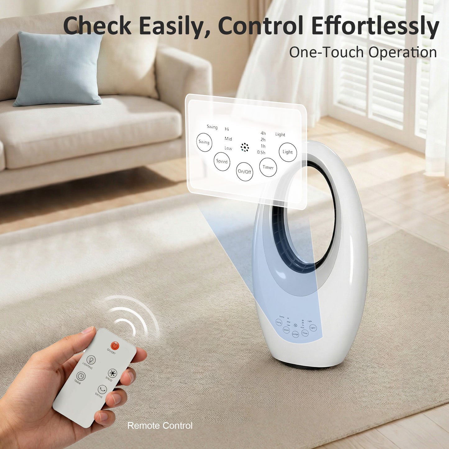 HOMCOM Bladeless Tower Fan, 36dB Standing Cooling Fan with 60Â° Oscillating, LED Lights, 3 Speeds, 7.5H Timer, Remote Control