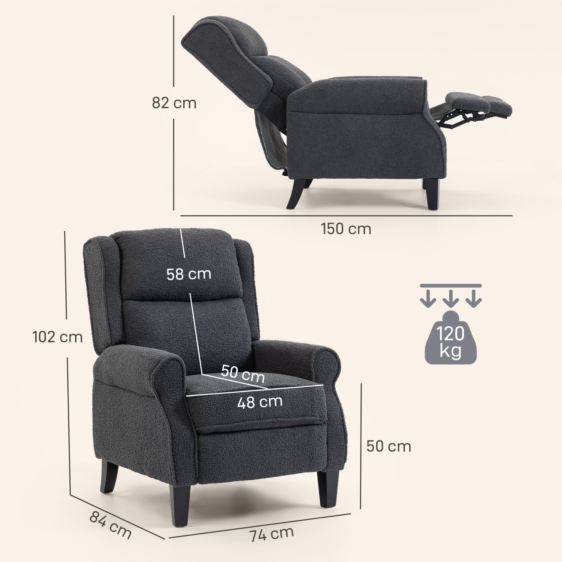 HOMCOM 132Â° Recliner Armchair, with Extended Footrest - Dark Grey