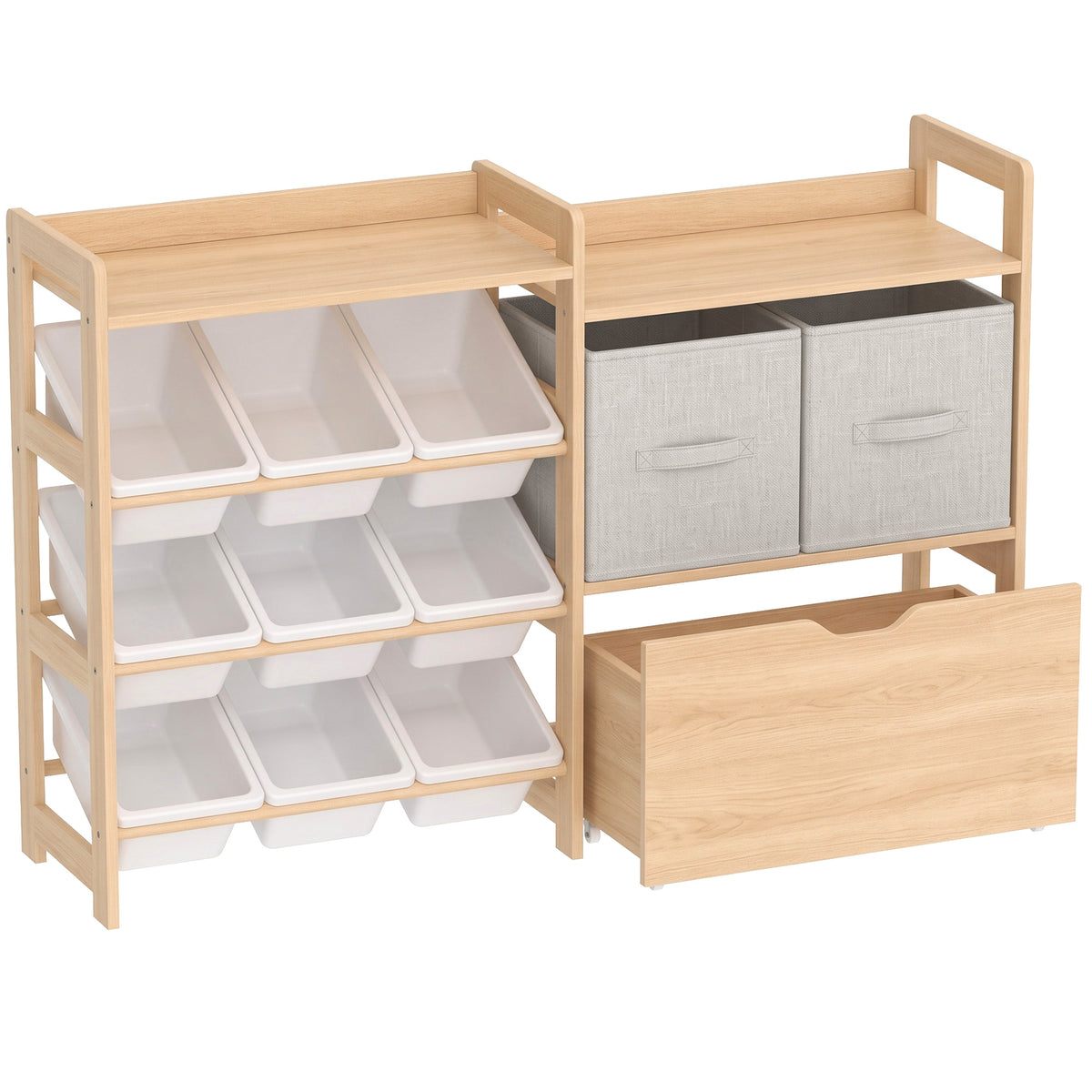 AIYAPLAY Wooden Toy Storage Unit with Rolling Toy Chest, 2 Fabric Drawers, 2 Shelves and 9 Bins for Bedroom, Playroom, Nursery Default Title