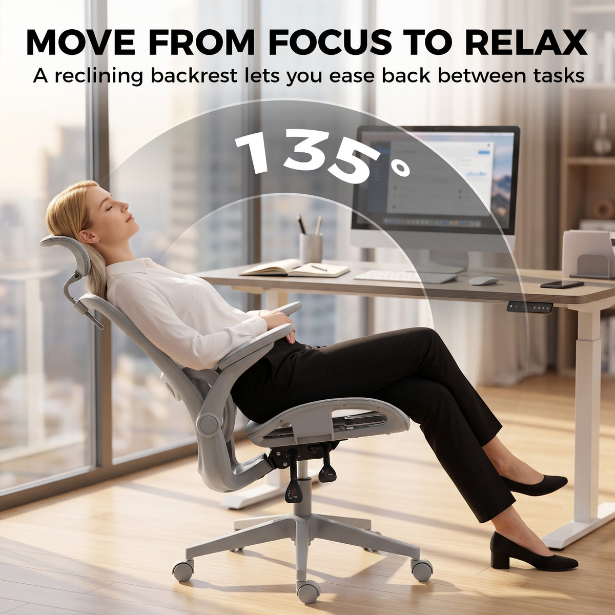 HOMCOM Ergonomic Office Chair with Adaptive Lumbar Support, Reclining Mesh Desk Chair with 2D Headrest, Flip-Up Arms, Grey