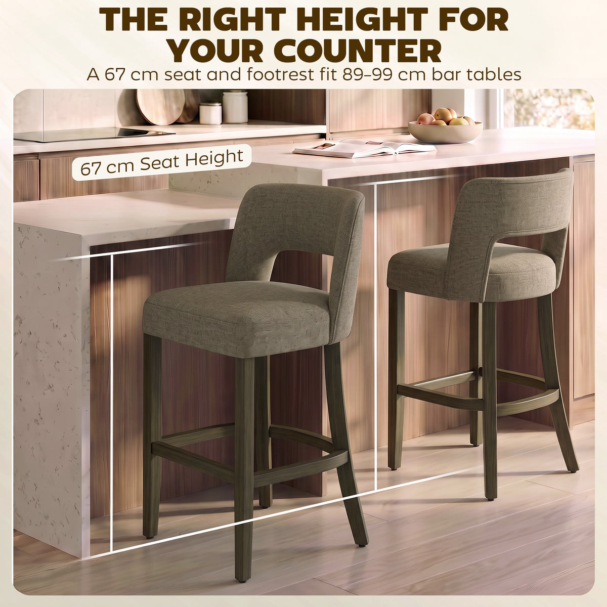 HOMCOM Bar Stools Set of 2, Counter Height Bar Stools with Curved Backrest, for Kitchen Island, Dining Room, Living Room, Brown