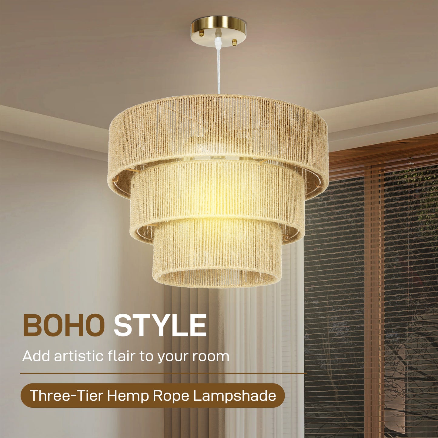 HOMCOM Hemp Rope Ceiling Light, 3-Layer Boho Pendant Light, 4 x E14 Vintage Ceiling Lamp Fixtures for Living Room, Bedroom, Kitchen, Hallway, Light Brown