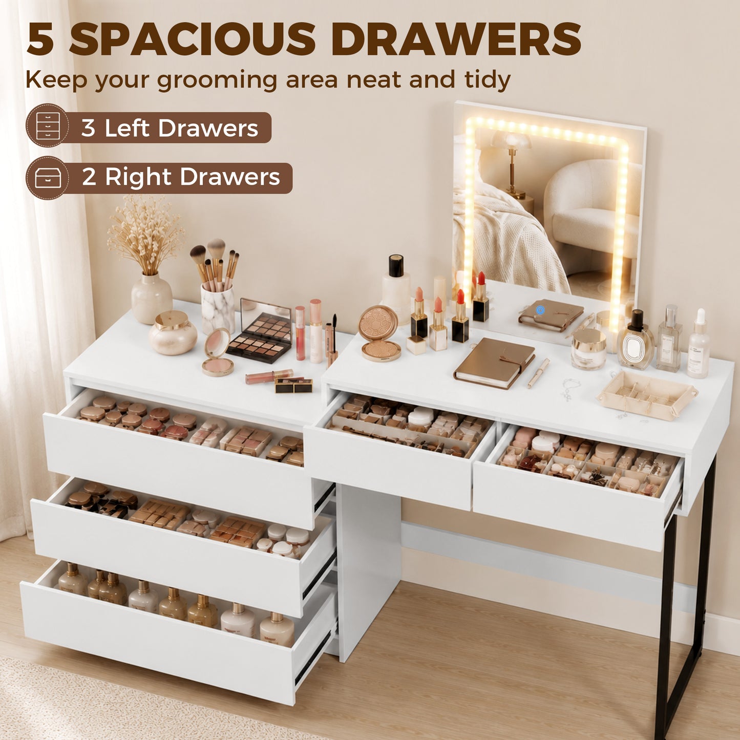 HOMCOM Vanity Makeup Desk LED Mirror Dressing Table Large Storage 5 Drawers White