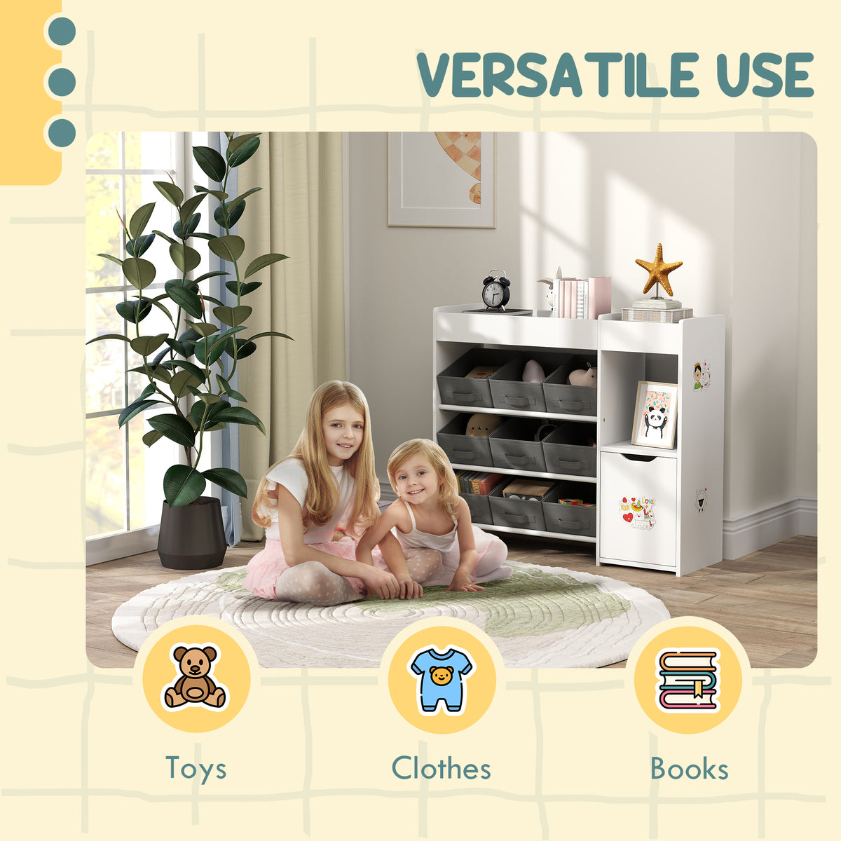 AIYAPLAY Kids Toy Storage, 9 Removable Fabric Bins, Wooden Toy Storage Units for Toys and Books for Bedroom, Nursery, White