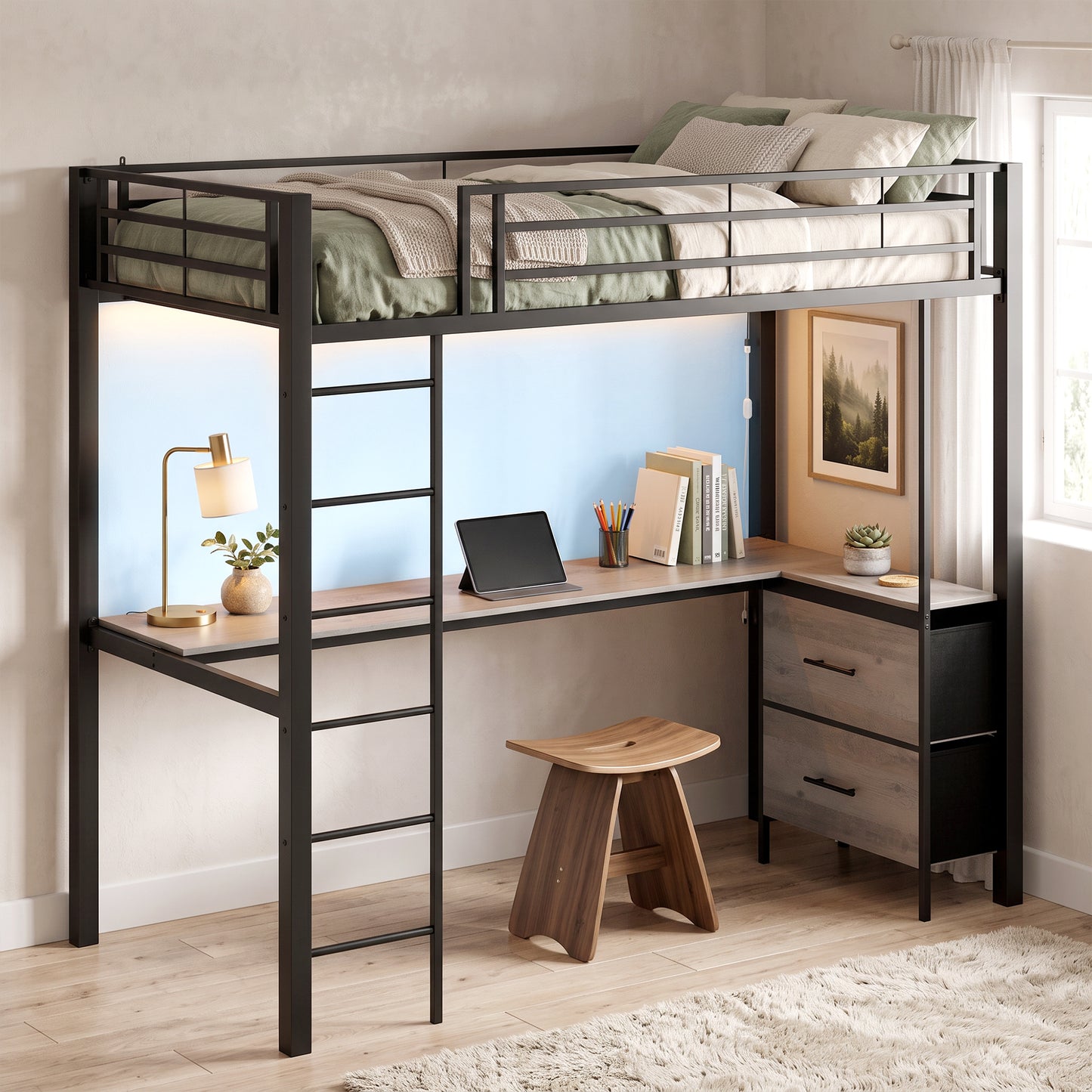 HOMCOM Metal Bunk Bed with Desk, High Sleeper Bed with LED Light and Safety Guardrail for Teens Adults, No Box Spring Needed