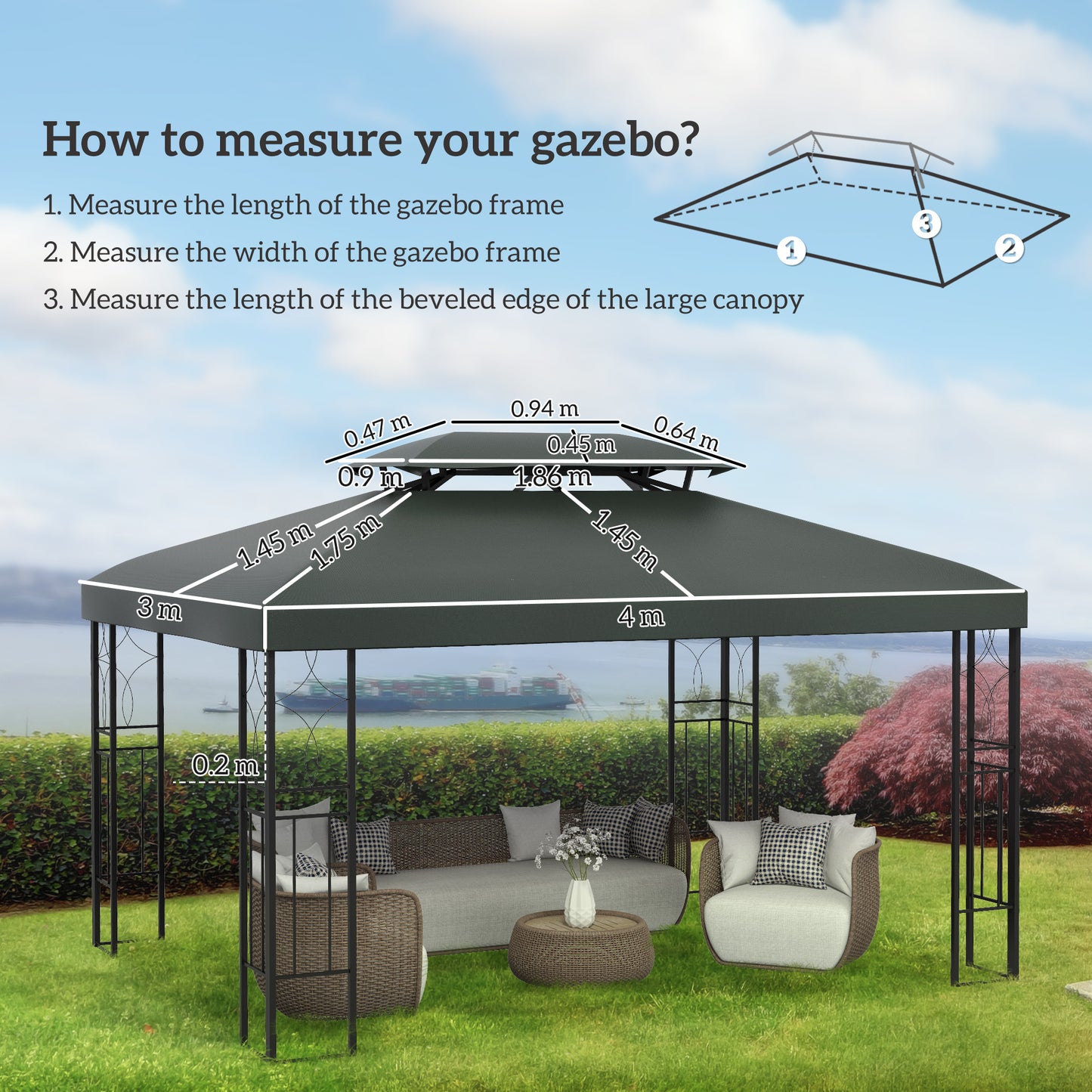 Outsunny Gazebo Roof Replacement, for 3 x 4m Frames - Grey