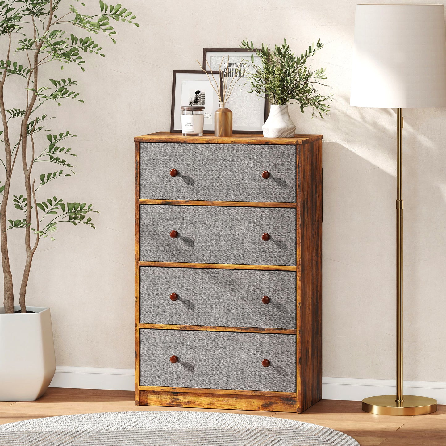 HOMCOM Chest of Drawers, Dresser with 4 Fabric Drawers - Grey and Rustic Brown