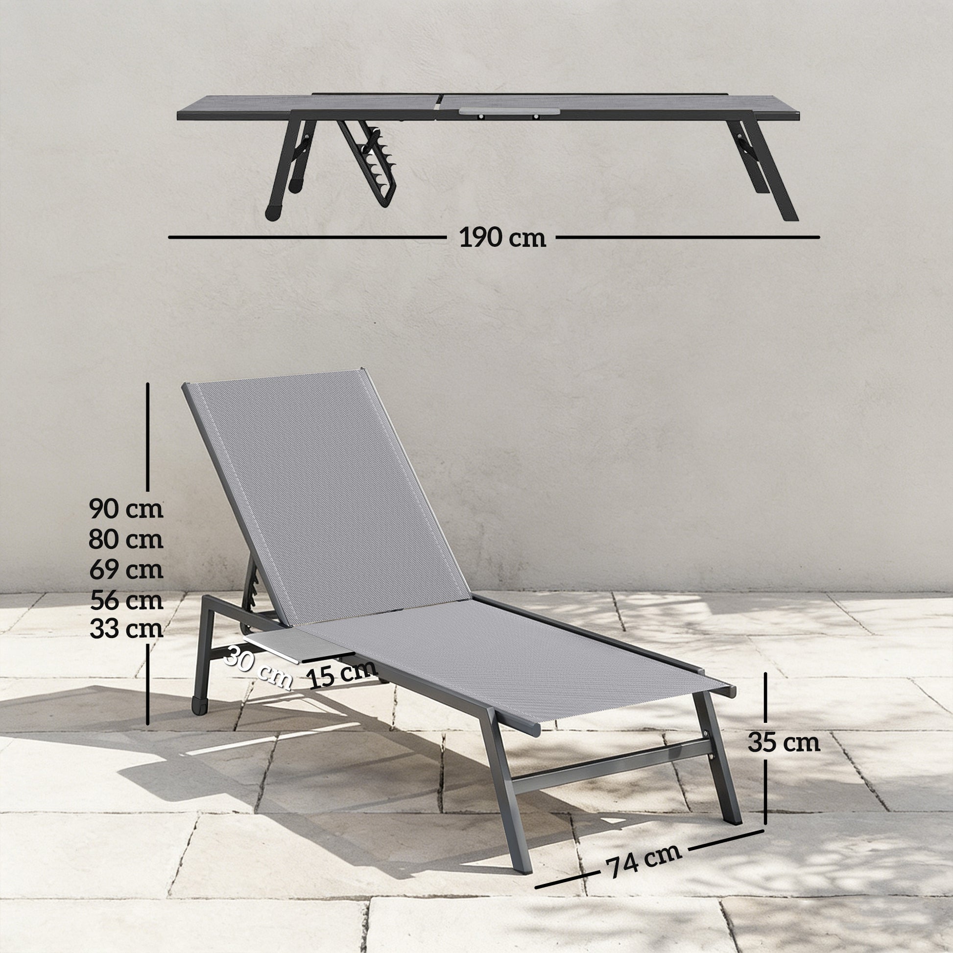 Outsunny Sun Loungers Set of 2 with Side Tray Table, Garden Recliners with 5-Position Adjustable Backrest, 2 Wheels, Grey