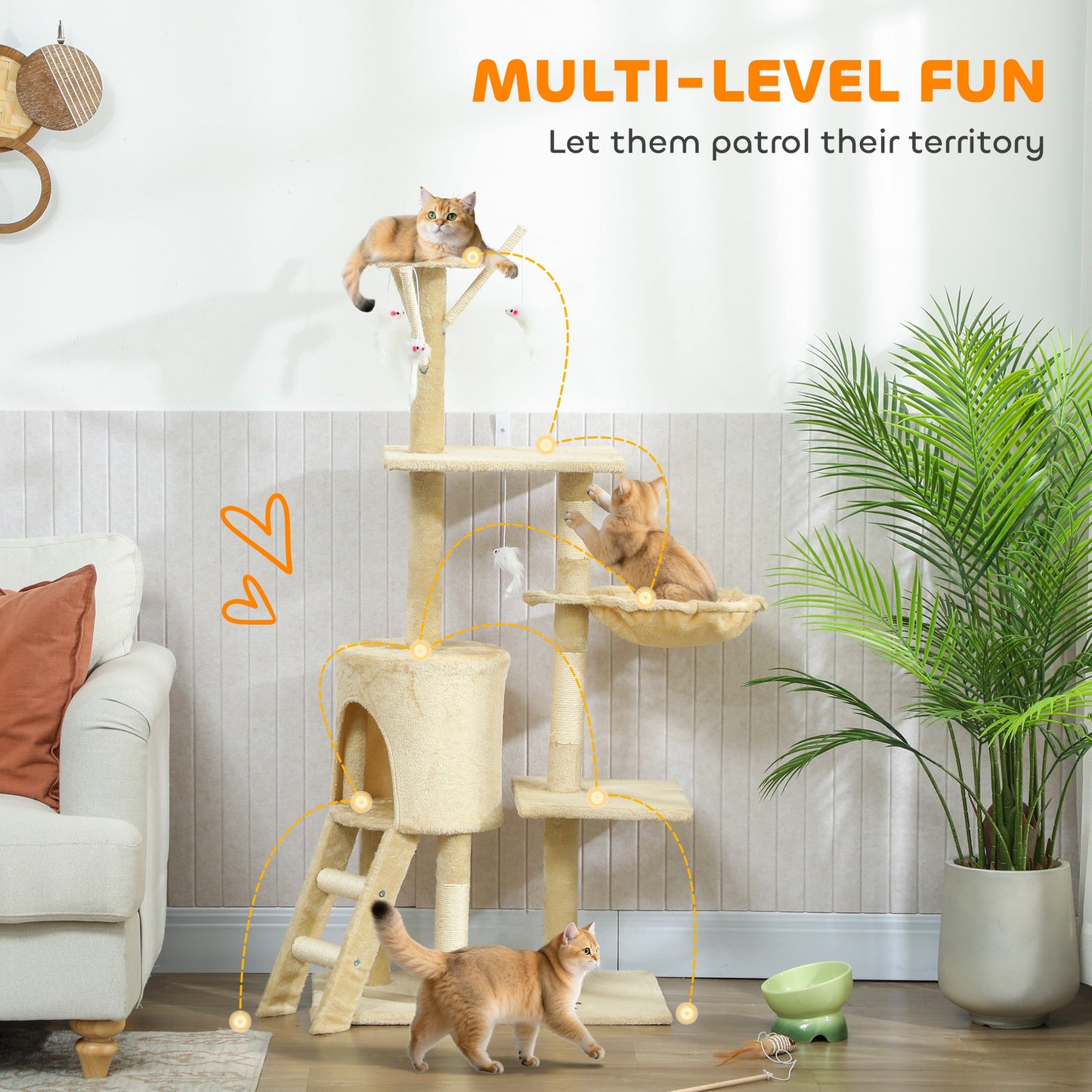PawHut Multi-Level Cat Tower, 134cm Cat Tree with Condo and Sisal Scratching Posts for Indoor Kittens, Beige
