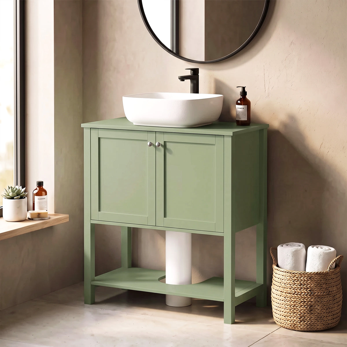HOMCOM Under Sink Bathroom Cabinet with 2 Doors, Open Shelf and U-Shape Cut-Out for Basin with or without Pedestal, Green