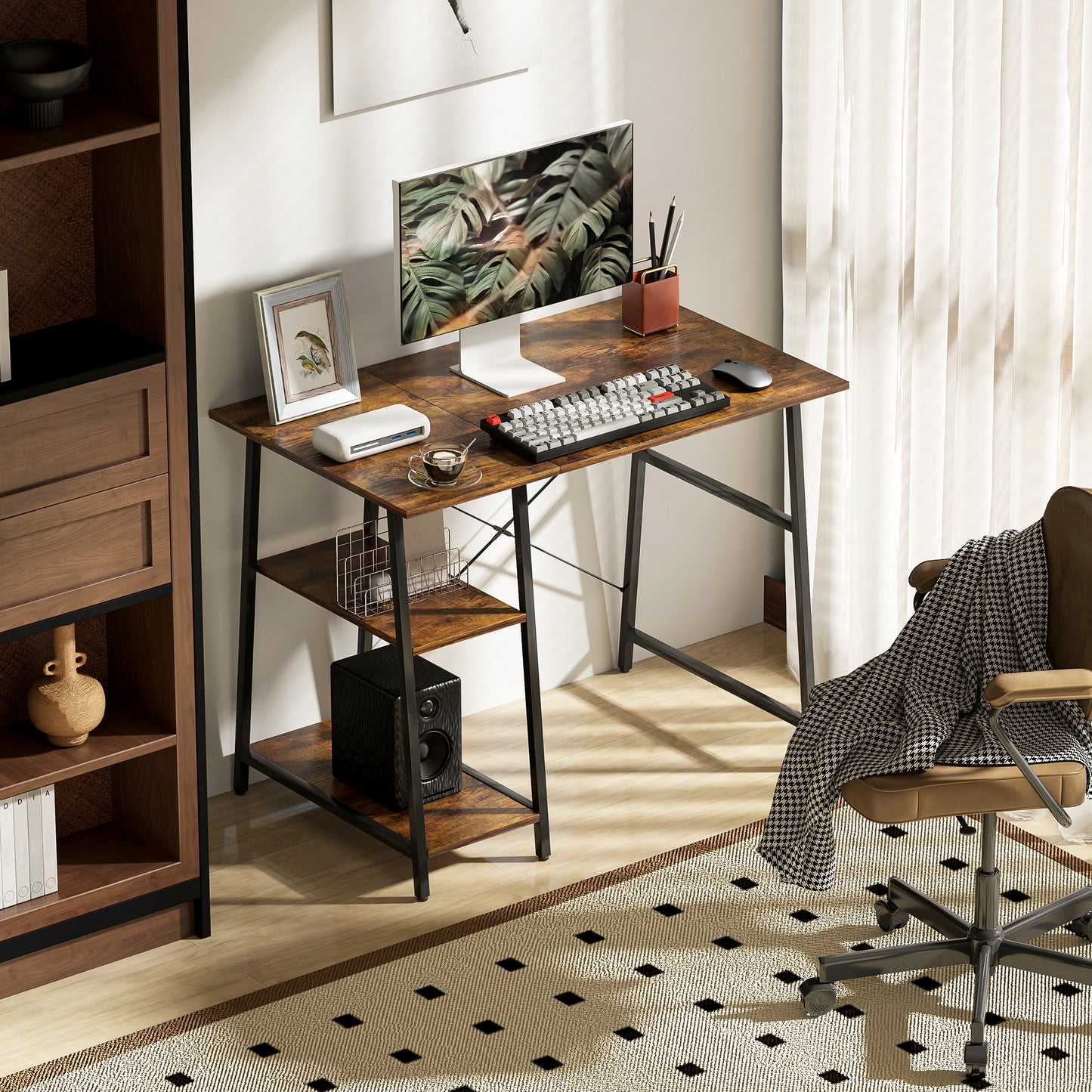 HOMCOM Industrial-Style Work Desk, with Shelves - Brown/Black