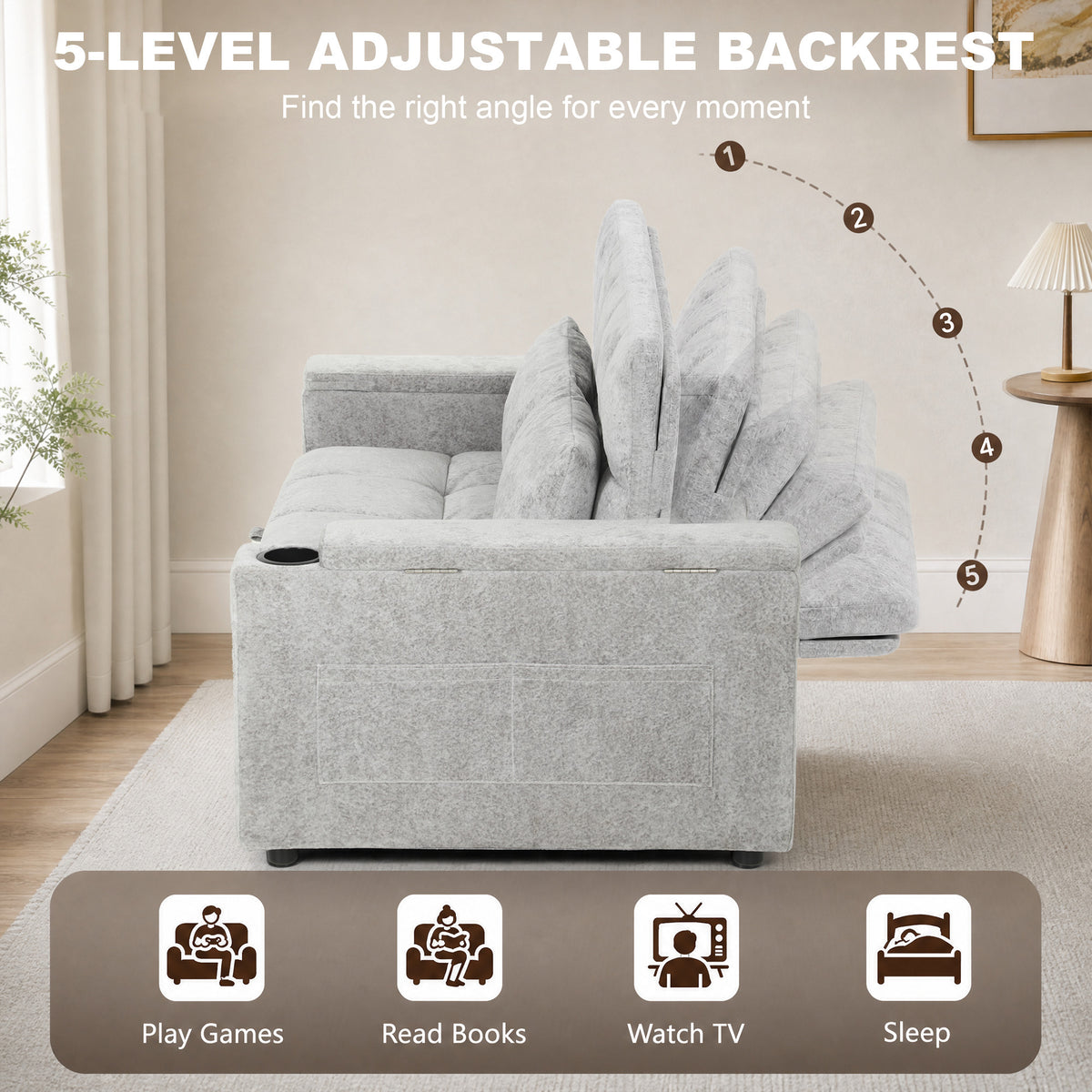 HOMCOM 2 Seater Sofa Bed, 3-in-1 Convertible Pull Out Sleeper Bed with Hidden Table, USB Port, Armrest Storage, Grey