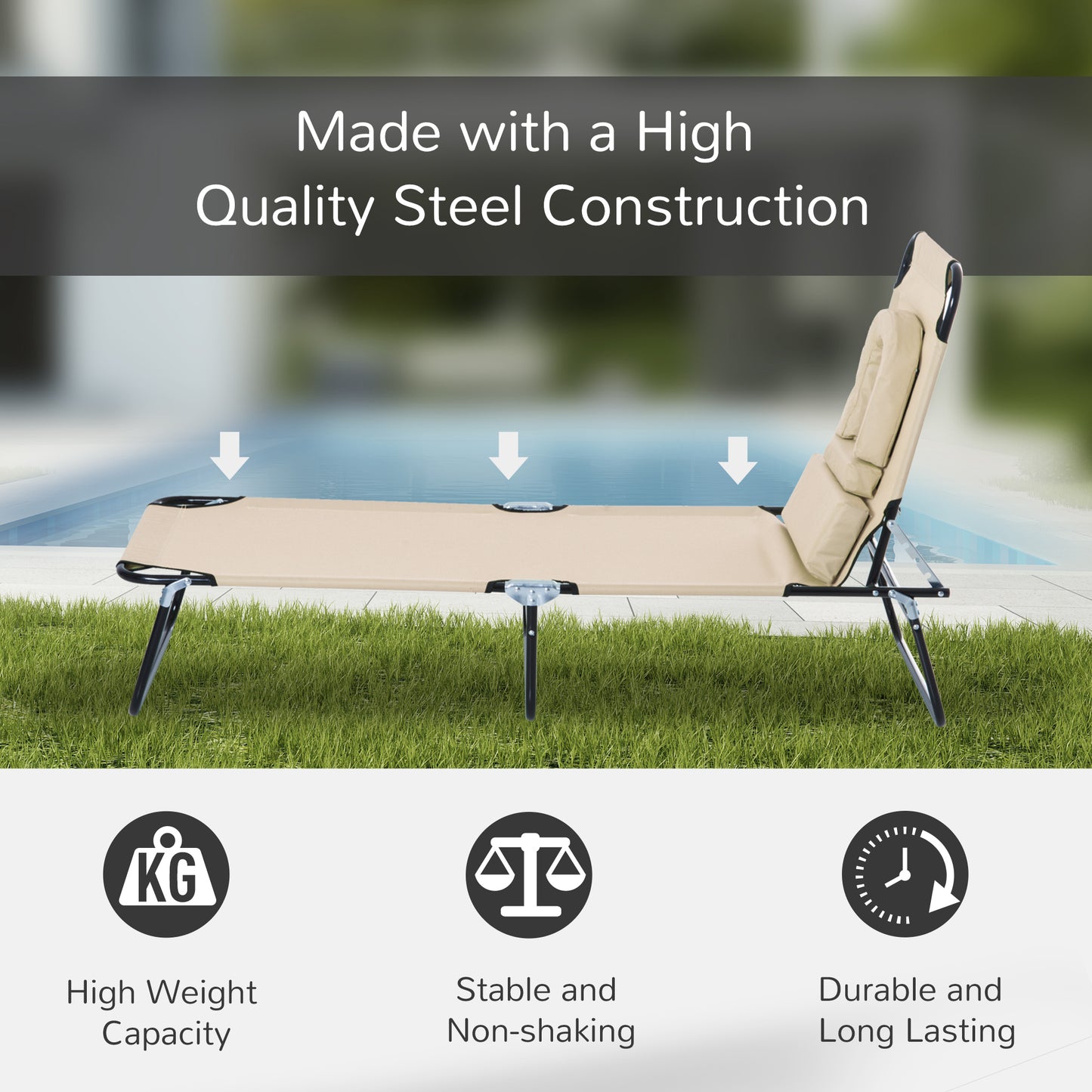 Outsunny Outdoor Folding Sun Lounger with Face Hole, 4 Level Adjustable Backrest Reclining Garden Lounger, Garden Recliner Sunbed with 600 D Oxford Cloth Seat and Pillow for Beach, Beige