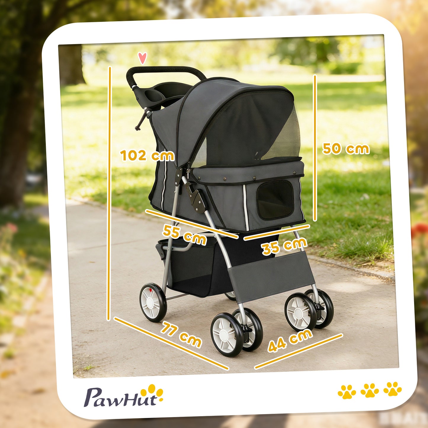 PawHut Dog Pram, Pet Stroller with Reflective Strips, Foldable Cat Stroller with 360Â° Swivel Wheels, Dark Grey